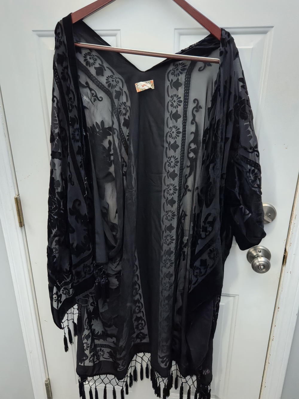 Wella Black Sheer Velvet Burnout Kimono with Fringe